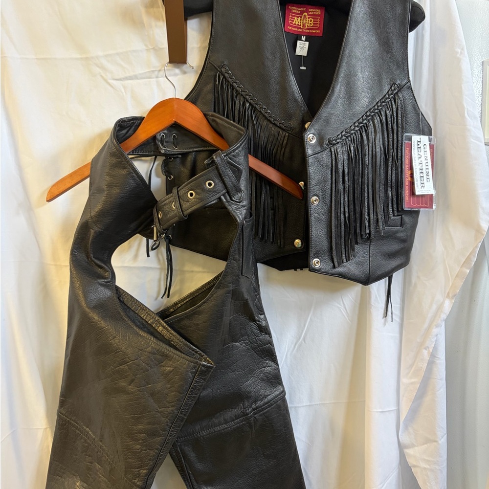 Black Leather Fringe Motorcycle Vest and Chaps Set